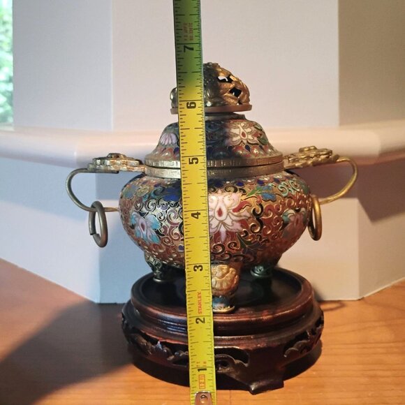 Vtg Large Chinese Cloisonné Brass Incense Burner Wood Stand Champleve Enamel - Picture 4 of 16